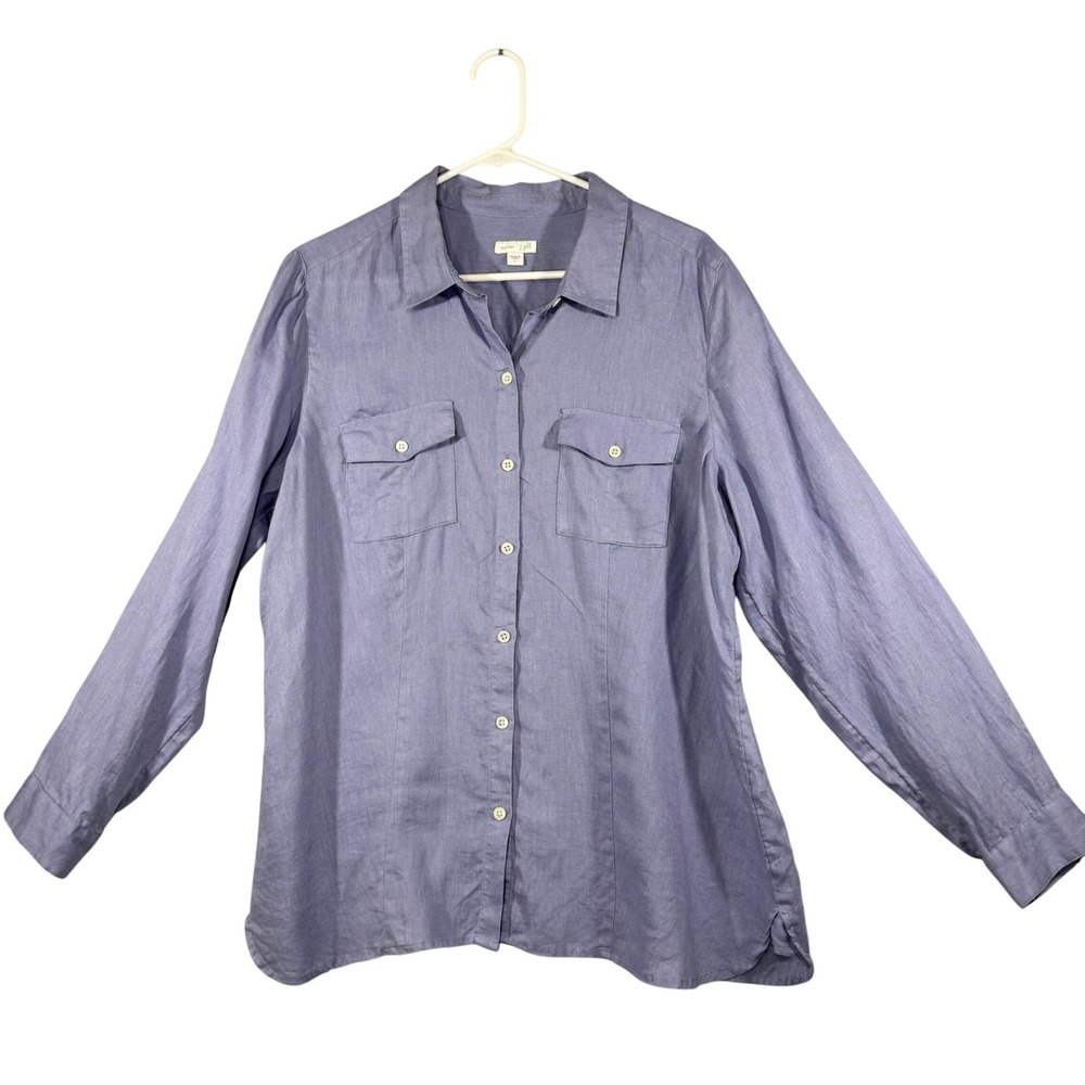 J. Jill Love Linen Button Down Shirt Womens Large Lilac Blue *Small Stains